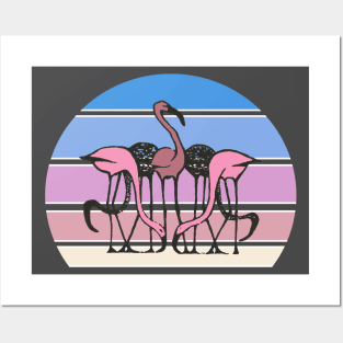 Lispe Five Flamingos Pastel Striped Sunset Posters and Art